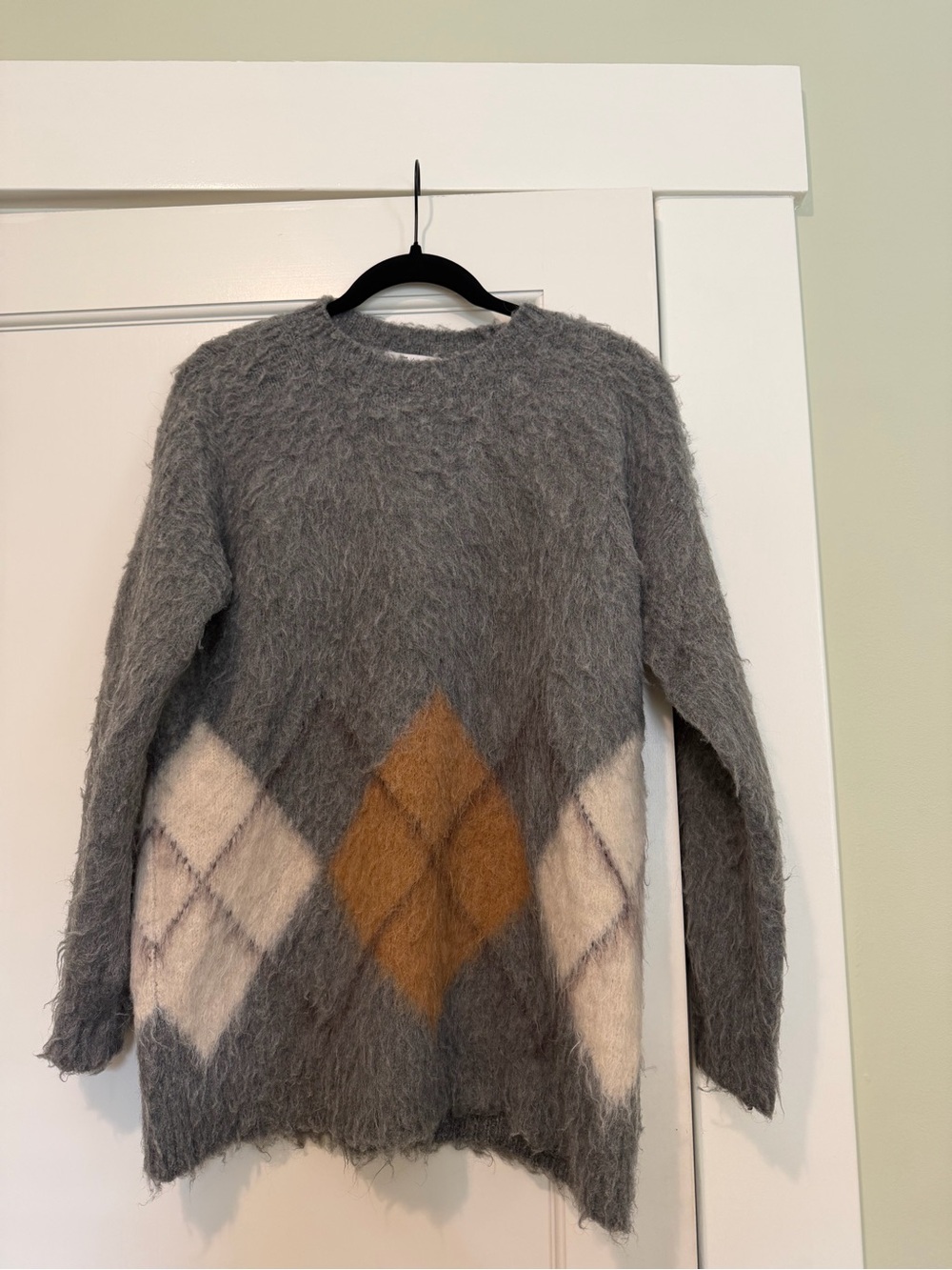Madewell Gray Fuzzy Argyle Crewneck with Mustard Diamond